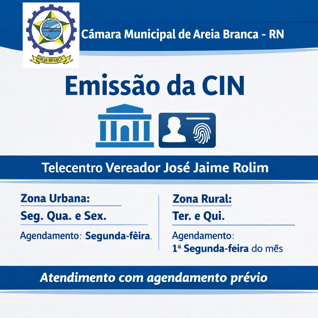Câmara de Areia Branca retoma emissão da nova Carteira de Identidade Nacional (CIN) no Telecentro Vereador José Jaime Rolim